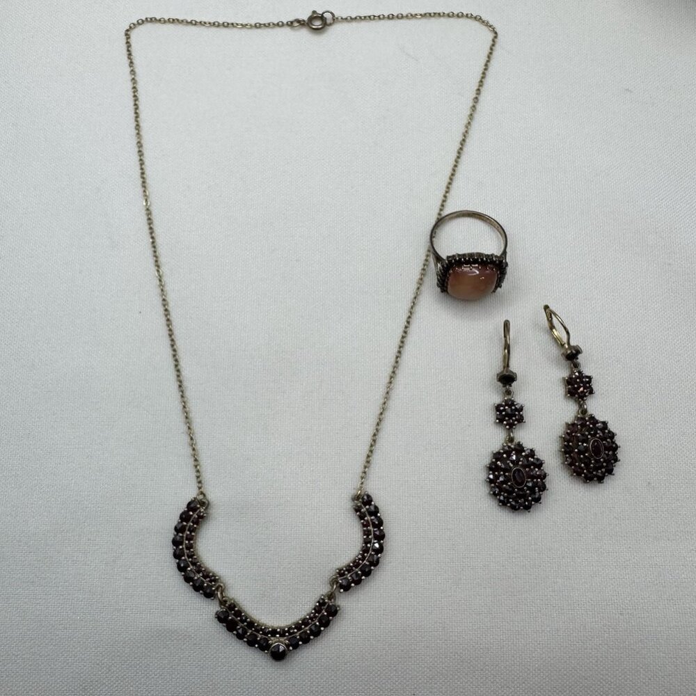 Stunning VTG Sterling Silver Garnet & Agate Set Necklace Earrings Ring Circa 50s